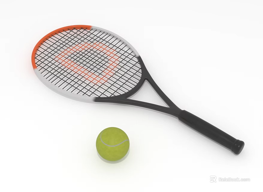 Orange Black Tennis Racket With White Strings And Green Tennis Ball On White Background 3d model 