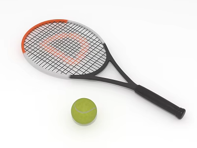 Orange Black Tennis Racket With White Strings And Green Tennis Ball On White Background 3d model