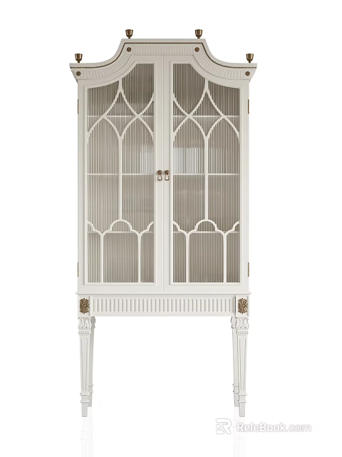 White Wine Cabinet With Arched Glass Doors And Decorative Gold Accent Legs 3d model 