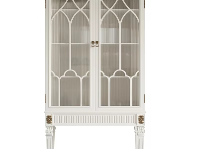 White Wine Cabinet With Arched Glass Doors And Decorative Gold Accent Legs 3d model