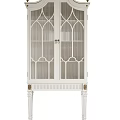 White Wine Cabinet With Arched Glass Doors And Decorative Gold Accent Legs