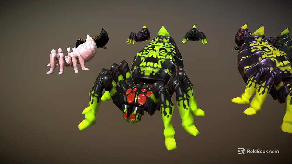 Vibrant Fantasy Spider Creatures With Green Black Pink And Yellow Dripping Designs 3d model 