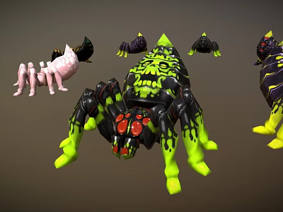 Vibrant Fantasy Spider Creatures With Green Black Pink And Yellow Dripping Designs 3d model