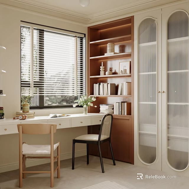 Modern Study Room Interior With White Desk Wooden Bookshelves Green Plants And Chairs 3d model 