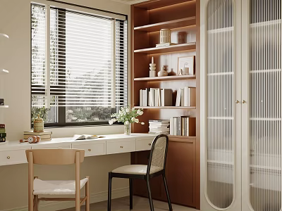 Modern Study Room Interior With White Desk Wooden Bookshelves Green Plants And Chairs 3d model