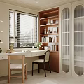 Modern Study Room Interior With White Desk Wooden Bookshelves Green Plants And Chairs