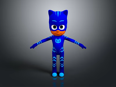Animated Blue Cat Superhero Character With Black Stripes Mask And Big Eyes 3d model