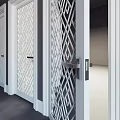 Three White Swing Doors Featuring Modern Geometric Pattern Glass And Clean Frames 3d model