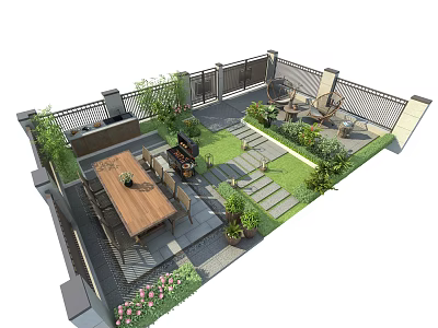 Beautiful Courtyard Garden With Outdoor Dining Table Grill Area And Stone Pathway 3d model