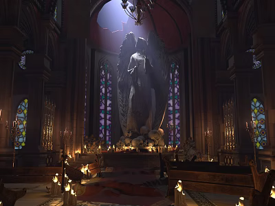 Religious Faith Church Interior With Tall Angel Statue Stained Glass Windows And Candles 3d model