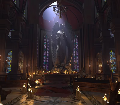 Religious Faith Church Interior With Tall Angel Statue Stained Glass Windows And Candles 3d model