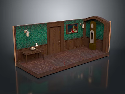 Room Model With Green Patterned Wallpaper Wooden Door Framed Painting Wall Sconces And Wooden Flooring 3d model