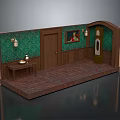 Room Model With Green Patterned Wallpaper Wooden Door Framed Painting Wall Sconces And Wooden Flooring