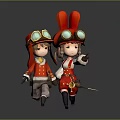 Cartoon Characters In Red Outfits With Goggle Hats And Rabbit Ears