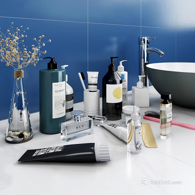 Modern Bathroom Accessories Including Hand Soap Bottles Toothbrush Comb On Blue Tiled White Countertop 3d model 
