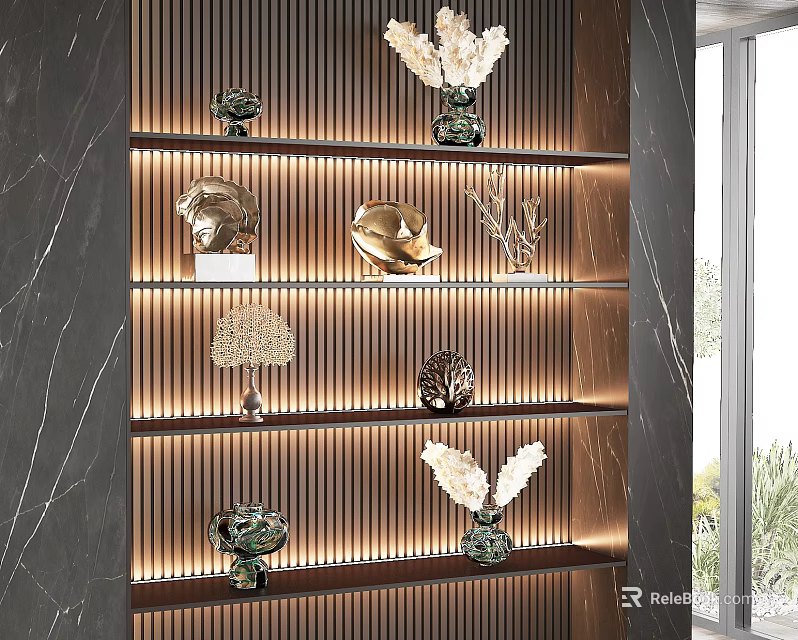 Sculptures And Carvings Display On Illuminated Dark Striped Shelves With Golden Skull Tree Shell Art 3d model 