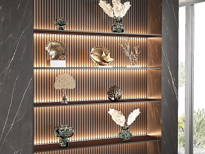 Sculptures And Carvings Display On Illuminated Dark Striped Shelves With Golden Skull Tree Shell Art 3d model