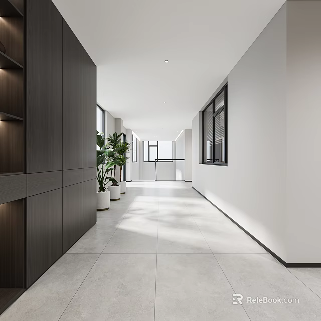 Elevator Corridor In Modern Style With Light Tiles Dark Cabinets And Plants 3d model