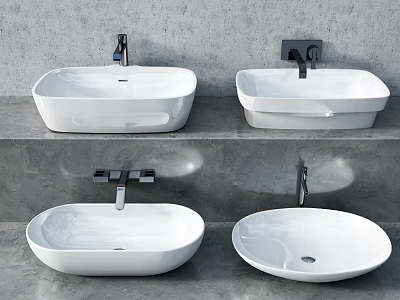 Four White Ceramic Washbasins With Modern Faucets On Gray Tiered Countertops 3d model