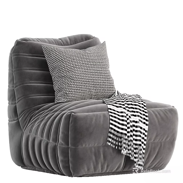 Gray Striped Accent Chair With Black White Checkered Pillow And Throw Blanket 3d model 