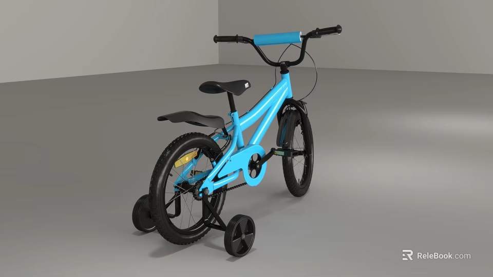 Blue Children's Bicycle With Training Wheels Black Seat And Handlebars 3d model 