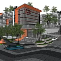Modern Office Building With Glass Facades Internal Courtyard Green Lawn And Water Pool