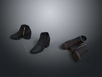 Fashionable Black Short Boots With Zipper Design And Worn Pair Showcase 3d model