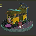 3D Model Green Yellow Bus With Street Lamp Fire Hydrant Manhole Cover On Circular Platform