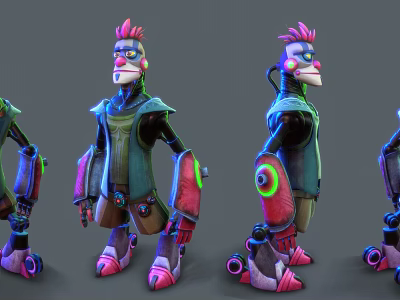 Colorful Robot Character With Pink Hair Blue Armor And Mechanical Parts In Multiple Views 3d model