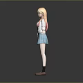 Game Movie Character with Blonde Hair Blue Plaid Skirt and White Coat Standing Pose