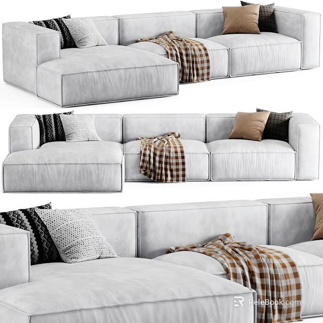 Light Gray Sectional Sofa With Plaid Blanket And Mixed Color Decorative Pillows 3d model