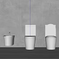Modern Bathroom Interior With Three White Toilets And Sink Against Grey Tile Walls