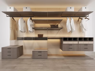Modern Minimalist Wardrobe Interior With Hanging Area Shelves Drawers And White Clothes 3d model
