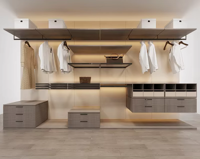 Modern Minimalist Wardrobe Interior With Hanging Area Shelves Drawers And White Clothes 3d model
