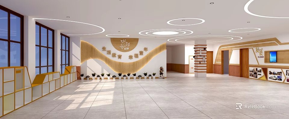 Kindergarten Interior With Wooden Wavy Wall Circular Ceiling Lights Yellow Handrail And Light Colored Tile Floor 3d model 