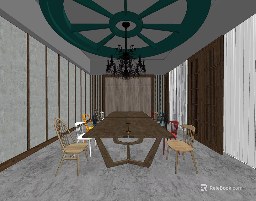 Private Dining Box Interior Featuring Long Wooden Table Colorful Chairs And Green Circular Ceiling 3d model 