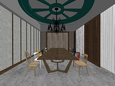 Private Dining Box Interior Featuring Long Wooden Table Colorful Chairs And Green Circular Ceiling 3d model