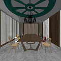 Private Dining Box Interior Featuring Long Wooden Table Colorful Chairs And Green Circular Ceiling