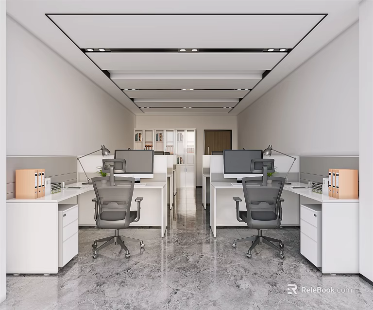 Spacious Public Office Space With White Desks Computers And Ergonomic Chairs 3d model