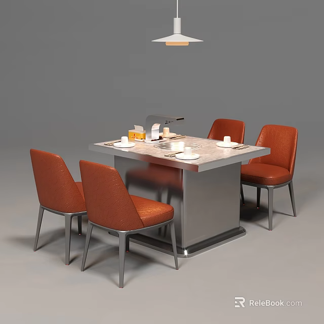 Modern Dining Table Set with Four Orange Chairs Metal Frame and Tableware on Top 3d model