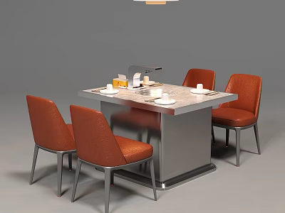 Modern Dining Table Set with Four Orange Chairs Metal Frame and Tableware on Top 3d model