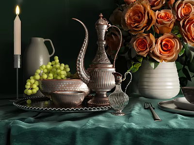 Elegant Ceramic Vessels Setting with White Jug Vase Roses Grapes and Candle on Green Tablecloth 3d model