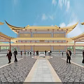 Ancient Chinese Architecture Featuring Yellow Roof Overhanging Eaves And Courtyard With Visitors