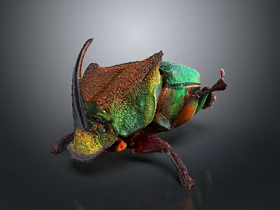 Vibrant Iridescent Beetle With Horned Exoskeleton And Colorful Shell Details Isolated On Dark Background 3d model