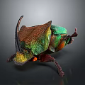 Vibrant Iridescent Beetle With Horned Exoskeleton And Colorful Shell Details Isolated On Dark Background