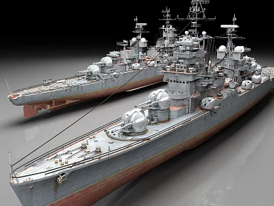 Scale Military Warship Models With Gray Hull Red Bottom And Antennas 3d model