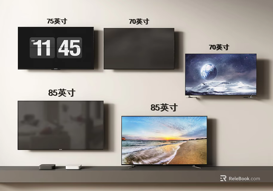 Different Size Television Models Displaying Time Black Screens Scenic Views and Earth Imagery 3d model 
