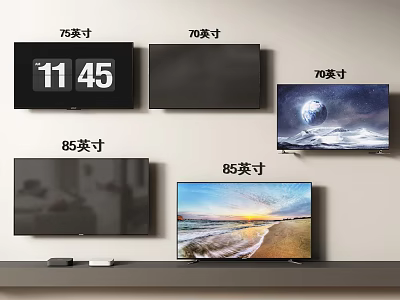 Different Size Television Models Displaying Time Black Screens Scenic Views and Earth Imagery 3d model
