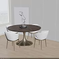 Round Dining Table Set with Wooden Top Brass Base and White Chairs in Minimalist Interior