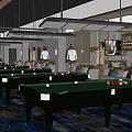 Spacious Billiard Room with Green Felt Tables Sofas Blue Patterned Carpet Ceiling Lights Wall TVs 3d model
